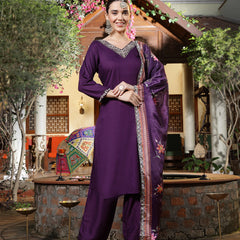 Stylum Women's Wine Solid & Embroidered Rayon Straight Kurta Pant Dupatta Set (KPDWINERIVER)