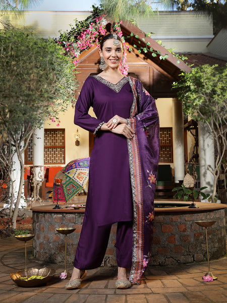 Stylum Women's Wine Solid & Embroidered Rayon Straight Kurta Pant Dupatta Set (KPDWINERIVER)