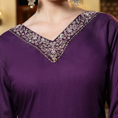 Stylum Women's Wine Solid & Embroidered Rayon Straight Kurta Pant Dupatta Set (KPDWINERIVER)