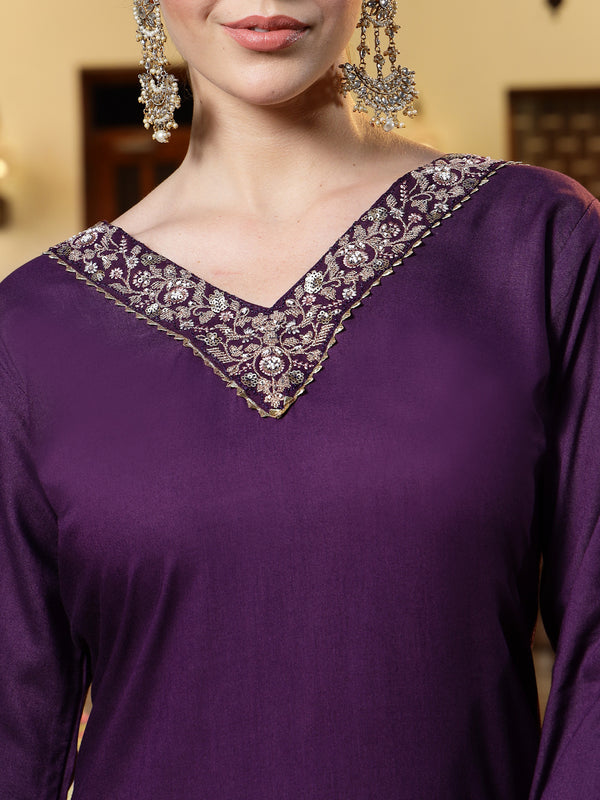 Stylum Women's Wine Solid & Embroidered Rayon Straight Kurta Pant Dupatta Set (KPDWINERIVER)