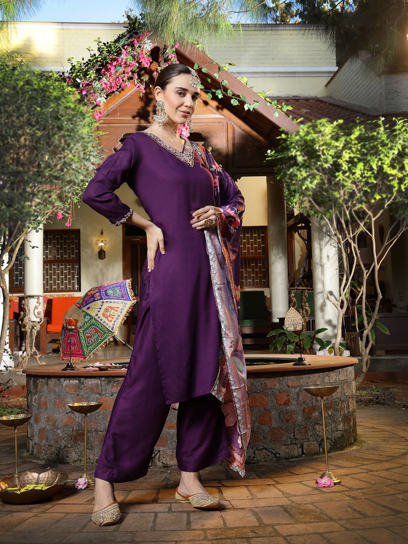 Stylum Women's Wine Solid & Embroidered Rayon Straight Kurta Pant Dupatta Set (KPDWINERIVER)