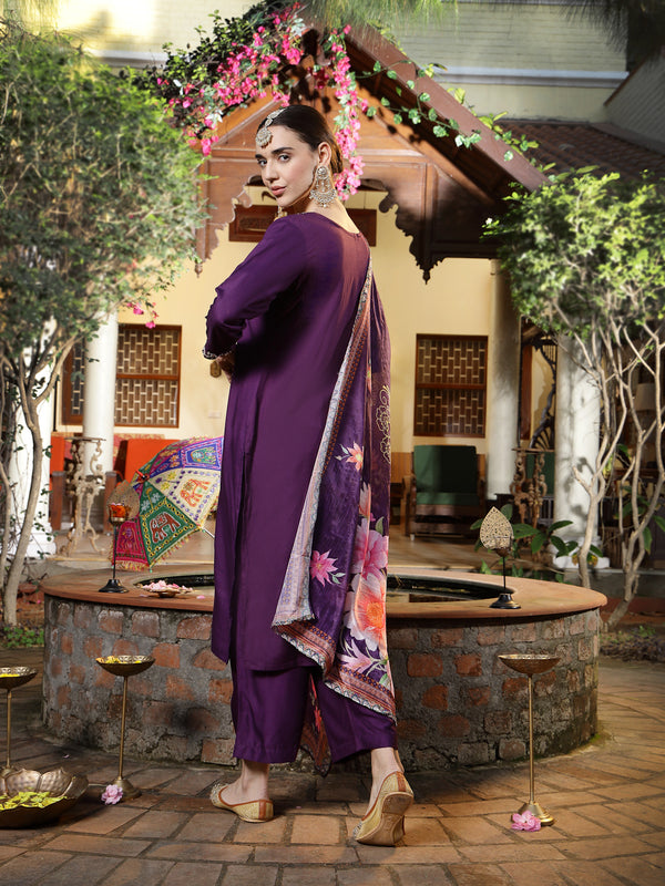 Stylum Women's Wine Solid & Embroidered Rayon Straight Kurta Pant Dupatta Set (KPDWINERIVER)