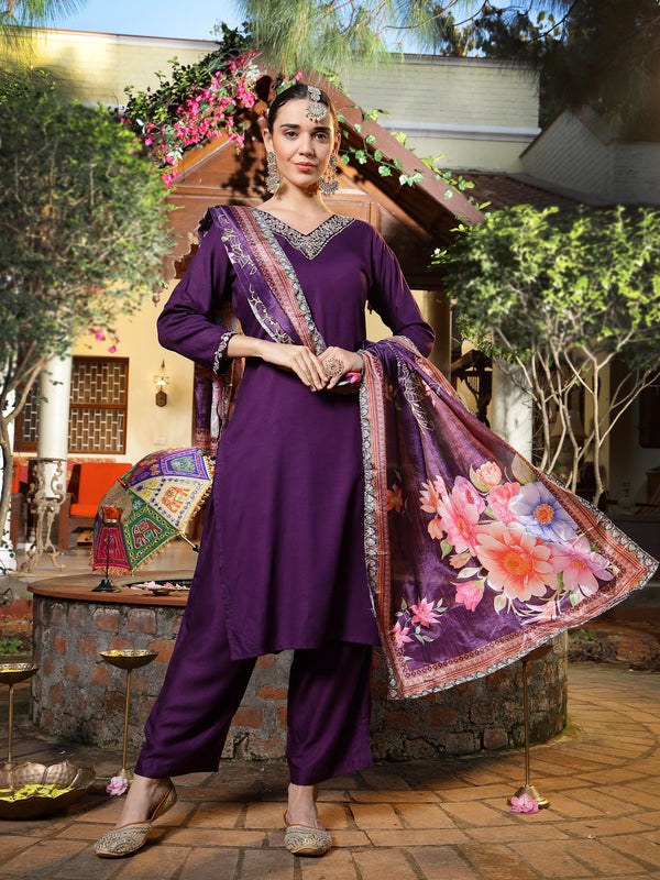 Stylum Women's Wine Solid & Embroidered Rayon Straight Kurta Pant Dupatta Set (KPDWINERIVER)