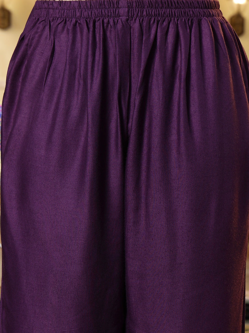 Stylum Women's Wine Solid & Embroidered Rayon Straight Kurta Pant Dupatta Set (KPDWINERIVER)