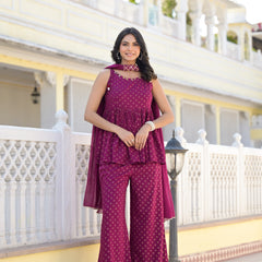 Stylum Women's Ethnic Motifs Printed Rayon Sleeveless Kurta Palazzo Dupatta Set (KPDWINESAMIA)