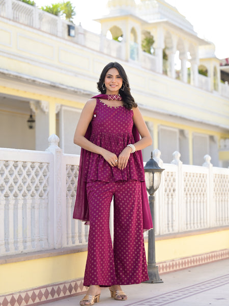 Stylum Women's Ethnic Motifs Printed Rayon Sleeveless Kurta Palazzo Dupatta Set (KPDWINESAMIA)