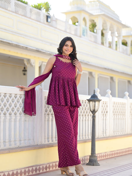 Stylum Women's Ethnic Motifs Printed Rayon Sleeveless Kurta Palazzo Dupatta Set (KPDWINESAMIA)