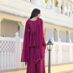 Stylum Women's Ethnic Motifs Printed Rayon Sleeveless Kurta Palazzo Dupatta Set (KPDWINESAMIA)