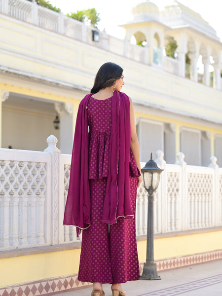 Stylum Women's Ethnic Motifs Printed Rayon Sleeveless Kurta Palazzo Dupatta Set (KPDWINESAMIA)