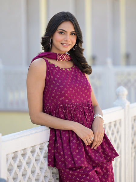 Stylum Women's Ethnic Motifs Printed Rayon Sleeveless Kurta Palazzo Dupatta Set (KPDWINESAMIA)