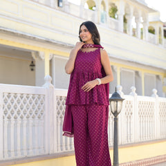 Stylum Women's Ethnic Motifs Printed Rayon Sleeveless Kurta Palazzo Dupatta Set (KPDWINESAMIA)