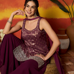 Stylum Women's Wine Woven Design & Embroidered Brocade Straight Kurti Palazzo Dupatta Set (KPDWINESANDESH)