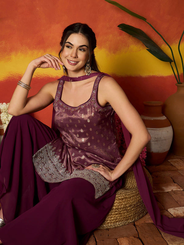 Stylum Women's Wine Woven Design & Embroidered Brocade Straight Kurti Palazzo Dupatta Set (KPDWINESANDESH)