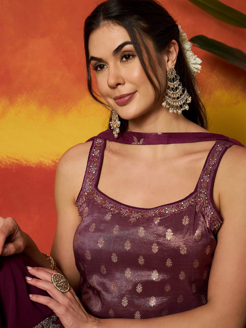 Stylum Women's Wine Woven Design & Embroidered Brocade Straight Kurti Palazzo Dupatta Set (KPDWINESANDESH)