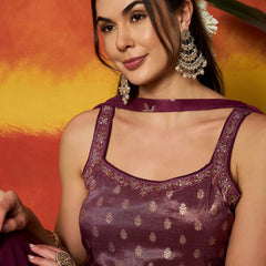 Stylum Women's Wine Woven Design & Embroidered Brocade Straight Kurti Palazzo Dupatta Set (KPDWINESANDESH)