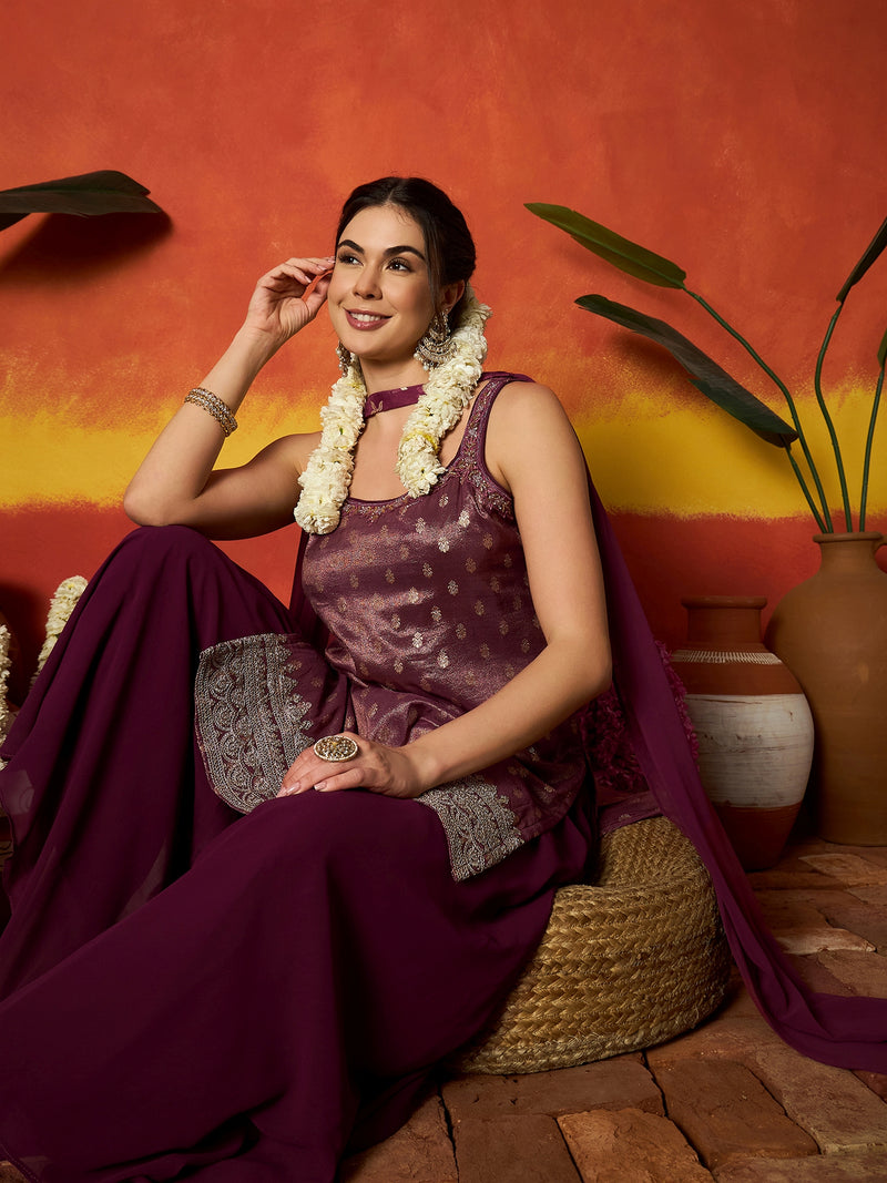 Stylum Women's Wine Woven Design & Embroidered Brocade Straight Kurti Palazzo Dupatta Set (KPDWINESANDESH)