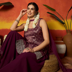 Stylum Women's Wine Woven Design & Embroidered Brocade Straight Kurti Palazzo Dupatta Set (KPDWINESANDESH)