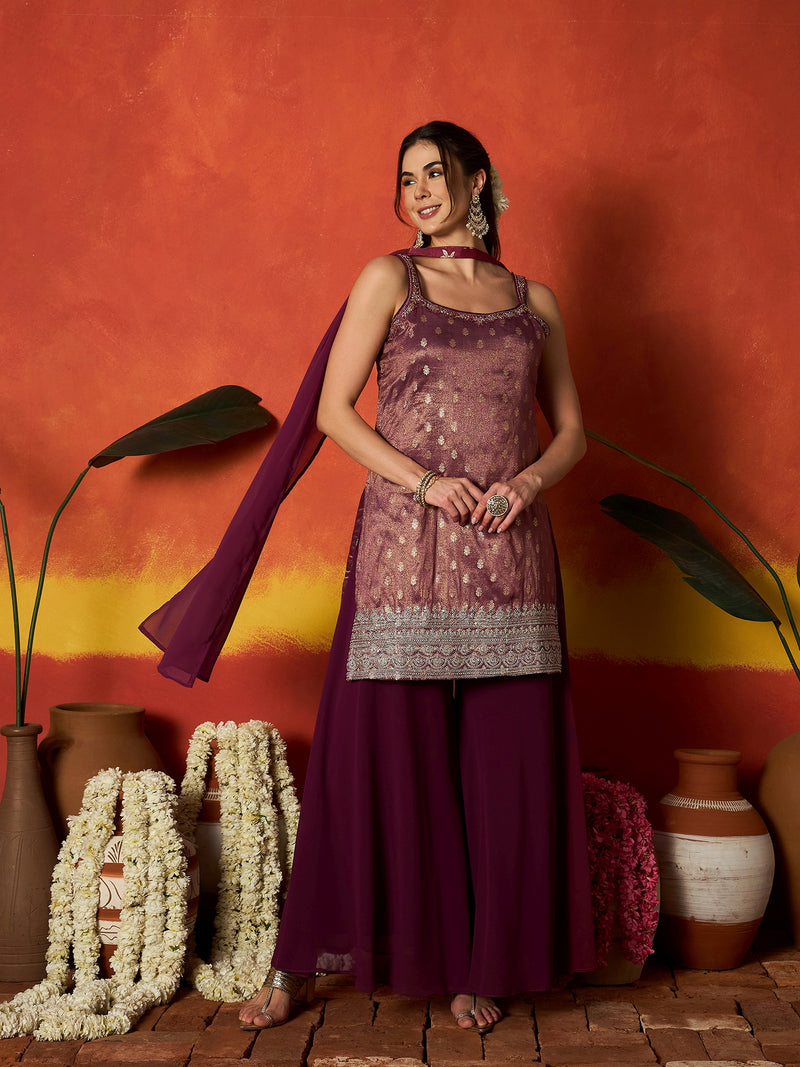 Stylum Women's Wine Woven Design & Embroidered Brocade Straight Kurti Palazzo Dupatta Set (KPDWINESANDESH)