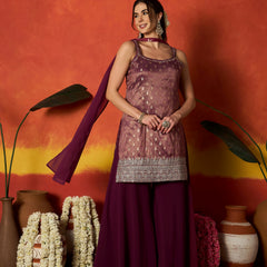 Stylum Women's Wine Woven Design & Embroidered Brocade Straight Kurti Palazzo Dupatta Set (KPDWINESANDESH)
