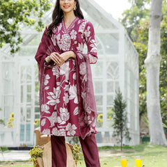 Stylum Women's Wine Floral Printed Rayon A-Line Kurta Pant Dupatta Set (KPDWINETEHRI)