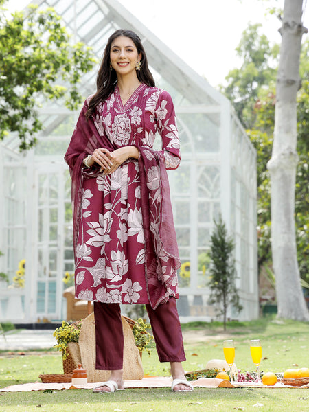 Stylum Women's Wine Floral Printed Rayon A-Line Kurta Pant Dupatta Set (KPDWINETEHRI)