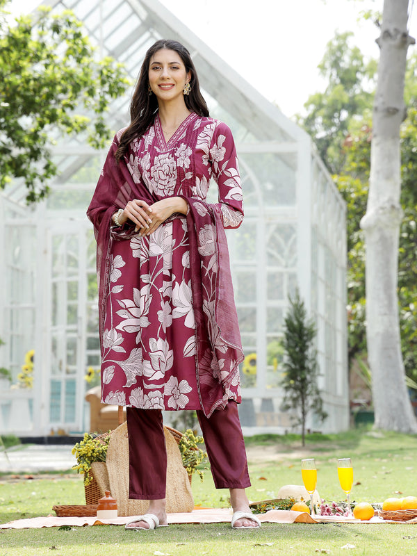 Stylum Women's Wine Floral Printed Rayon A-Line Kurta Pant Dupatta Set (KPDWINETEHRI)