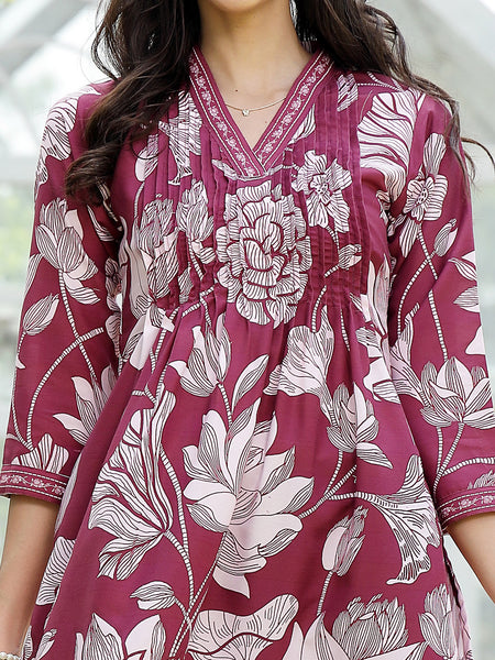 Stylum Women's Wine Floral Printed Rayon A-Line Kurta Pant Dupatta Set (KPDWINETEHRI)