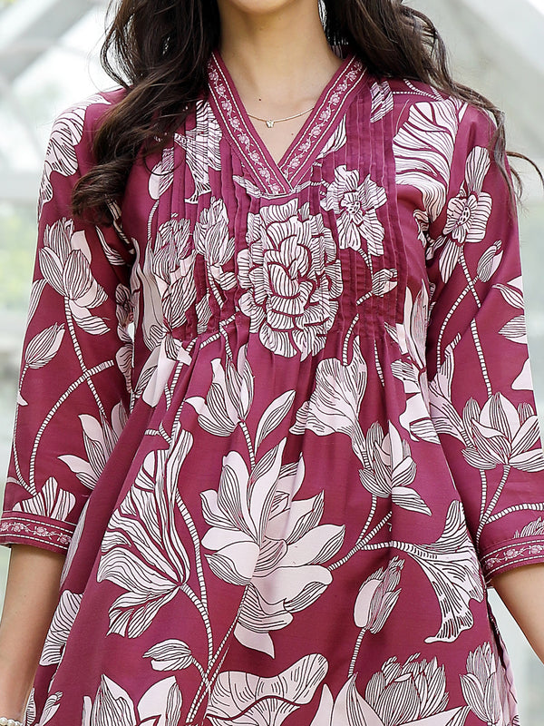 Stylum Women's Wine Floral Printed Rayon A-Line Kurta Pant Dupatta Set (KPDWINETEHRI)