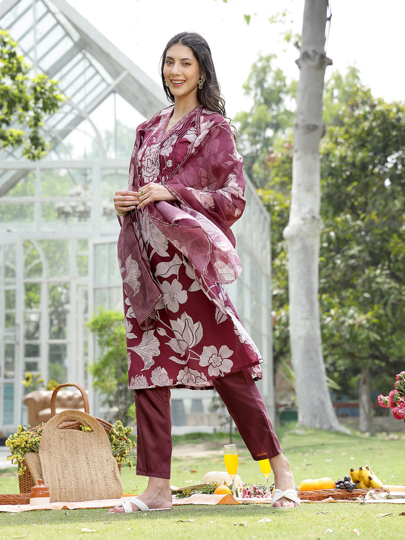 Stylum Women's Wine Floral Printed Rayon A-Line Kurta Pant Dupatta Set (KPDWINETEHRI)