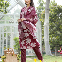 Stylum Women's Wine Floral Printed Rayon A-Line Kurta Pant Dupatta Set (KPDWINETEHRI)