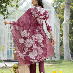 Stylum Women's Wine Floral Printed Rayon A-Line Kurta Pant Dupatta Set (KPDWINETEHRI)