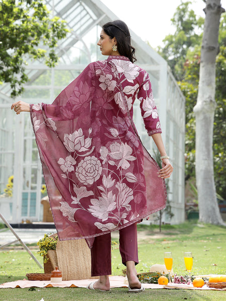 Stylum Women's Wine Floral Printed Rayon A-Line Kurta Pant Dupatta Set (KPDWINETEHRI)