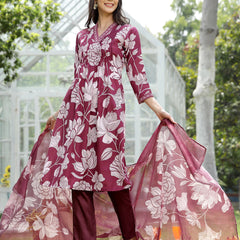 Stylum Women's Wine Floral Printed Rayon A-Line Kurta Pant Dupatta Set (KPDWINETEHRI)