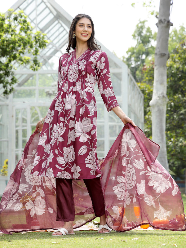 Stylum Women's Wine Floral Printed Rayon A-Line Kurta Pant Dupatta Set (KPDWINETEHRI)