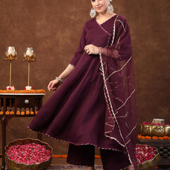 Stylum Women's Wine Solid Italian Crush Anarkali Kurta Pant Dupatta Set (KPDWINEVEDA)