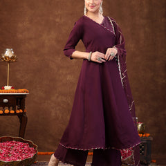 Stylum Women's Wine Solid Italian Crush Anarkali Kurta Pant Dupatta Set (KPDWINEVEDA)
