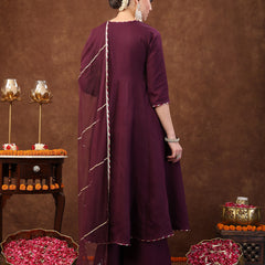 Stylum Women's Wine Solid Italian Crush Anarkali Kurta Pant Dupatta Set (KPDWINEVEDA)