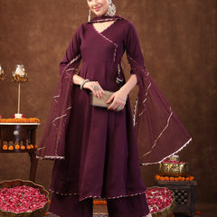 Stylum Women's Wine Solid Italian Crush Anarkali Kurta Pant Dupatta Set (KPDWINEVEDA)