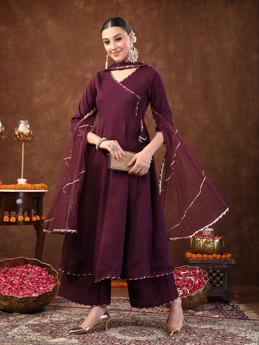 Stylum Women's Wine Solid Italian Crush Anarkali Kurta Pant Dupatta Set (KPDWINEVEDA)