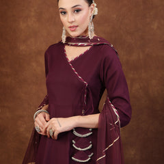 Stylum Women's Wine Solid Italian Crush Anarkali Kurta Pant Dupatta Set (KPDWINEVEDA)