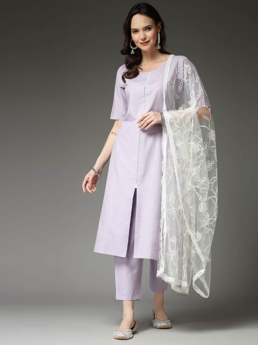 Stylum Women's Solid Cotton Blend Straight Kurta Pant Dupatta Set (KPDXLAVENDERNUV)