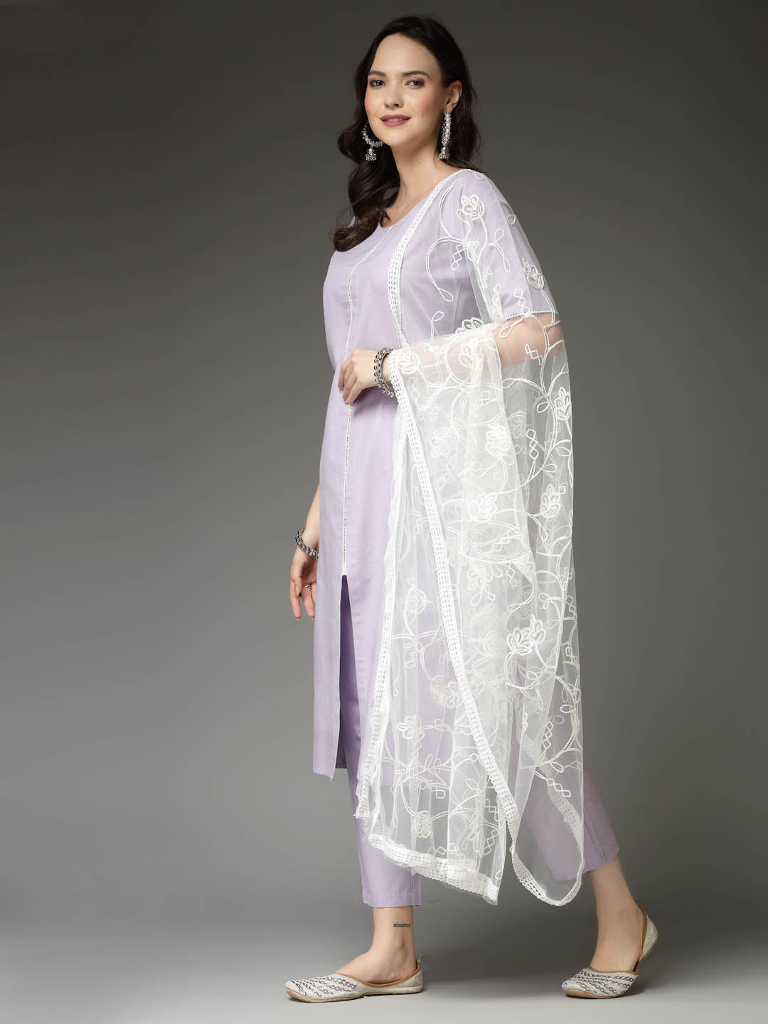 Stylum Women's Solid Cotton Blend Straight Kurta Pant Dupatta Set (KPDXLAVENDERNUV)