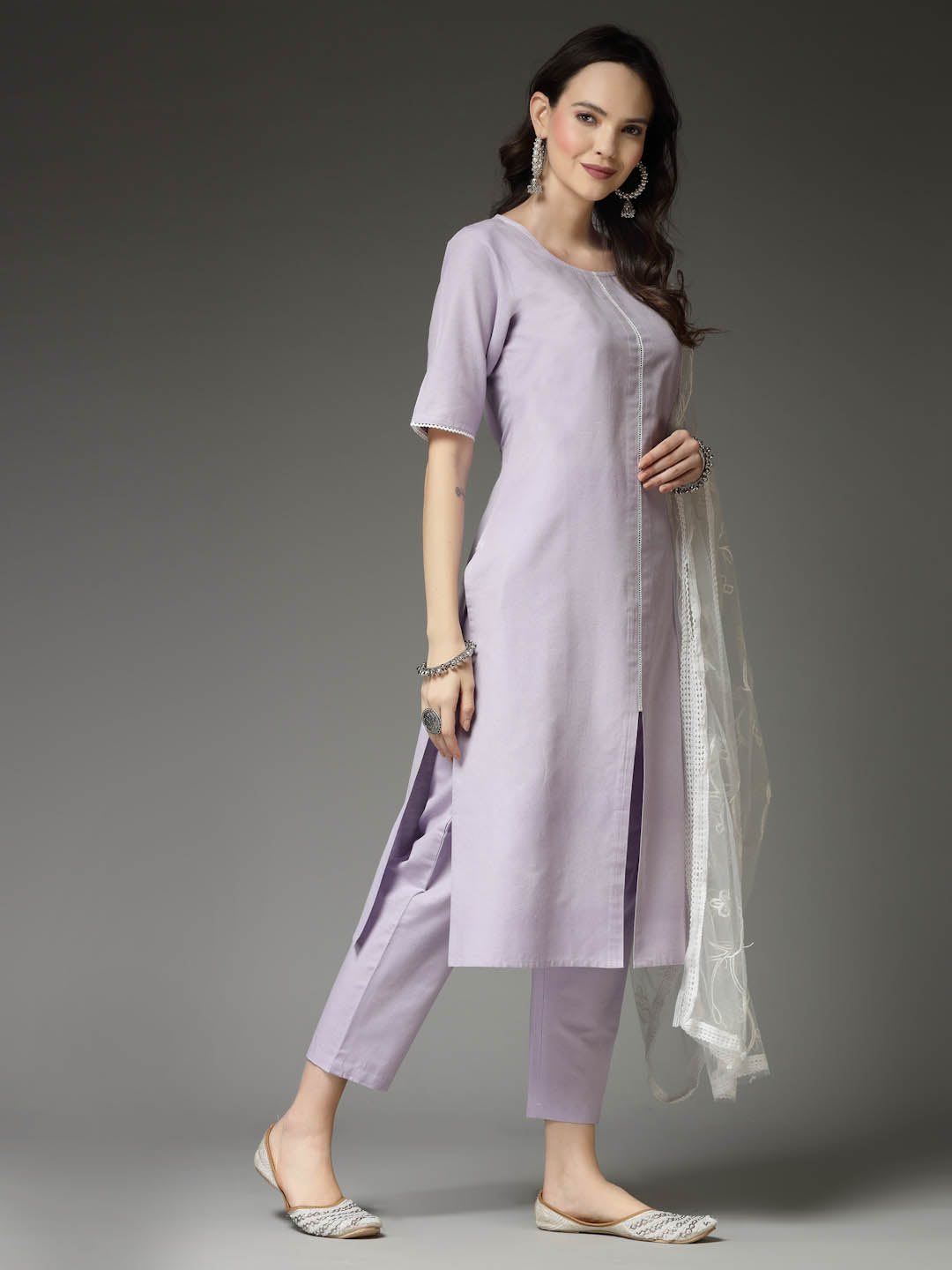 Stylum Women's Solid Cotton Blend Straight Kurta Pant Dupatta Set (KPDXLAVENDERNUV)