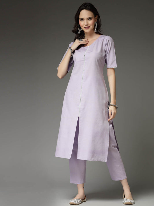 Stylum Women's Solid Cotton Blend Straight Kurta Pant Dupatta Set (KPDXLAVENDERNUV)