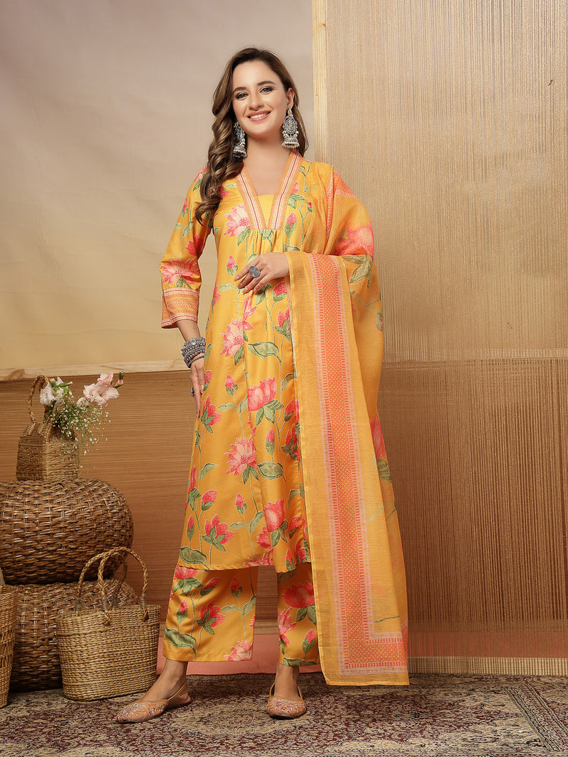 Stylum Women's Yellow Floral Printed Rayon Anarkali Kurta Pant Dupatta Set (KPDYELLOWEMOLI)