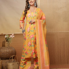 Stylum Women's Yellow Floral Printed Rayon Anarkali Kurta Pant Dupatta Set (KPDYELLOWEMOLI)