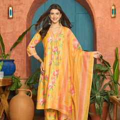 Stylum Women's Yellow Floral Printed Rayon Anarkali Kurta Pant Dupatta Set (KPDYELLOWEMOLI)