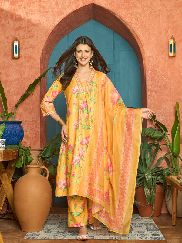 Stylum Women's Yellow Floral Printed Rayon Anarkali Kurta Pant Dupatta Set (KPDYELLOWEMOLI)