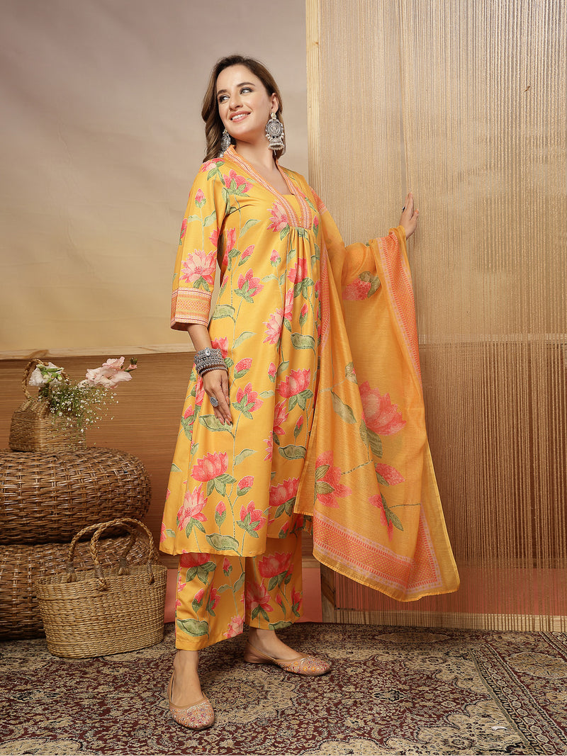 Stylum Women's Yellow Floral Printed Rayon Anarkali Kurta Pant Dupatta Set (KPDYELLOWEMOLI)