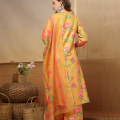 Stylum Women's Yellow Floral Printed Rayon Anarkali Kurta Pant Dupatta Set (KPDYELLOWEMOLI)